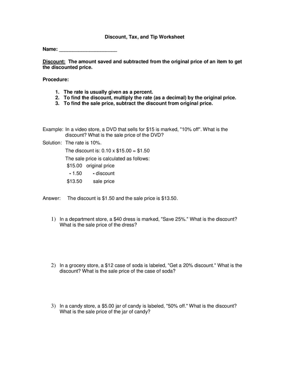 sales tax and discount worksheet 7th grade answer key