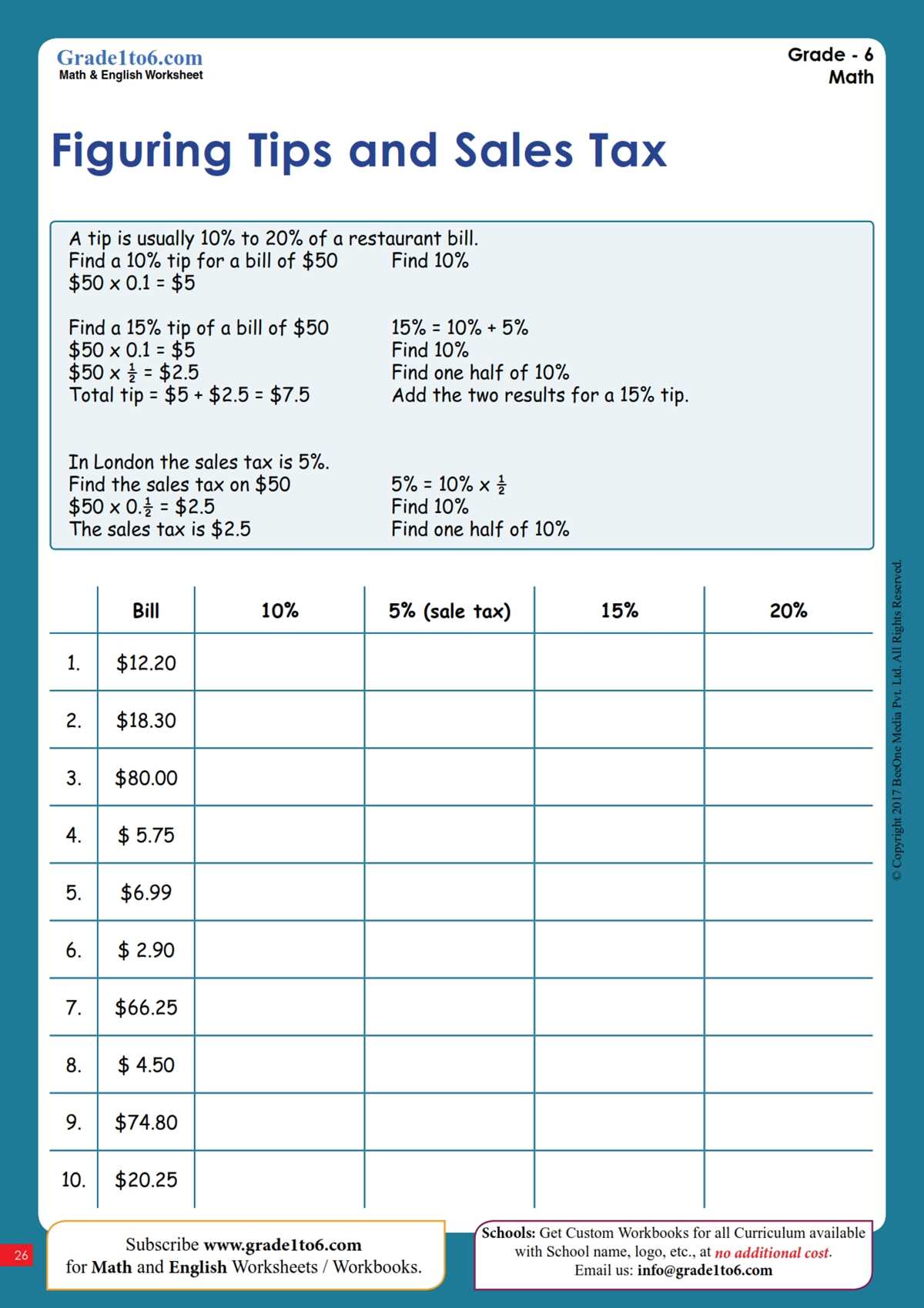 sales tax and discount worksheet 7th grade answer key