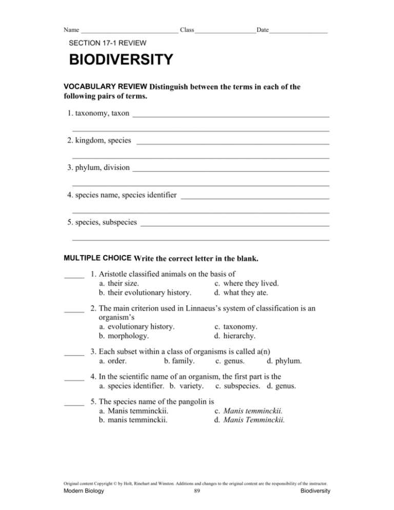 section 17 1 review biodiversity answers key