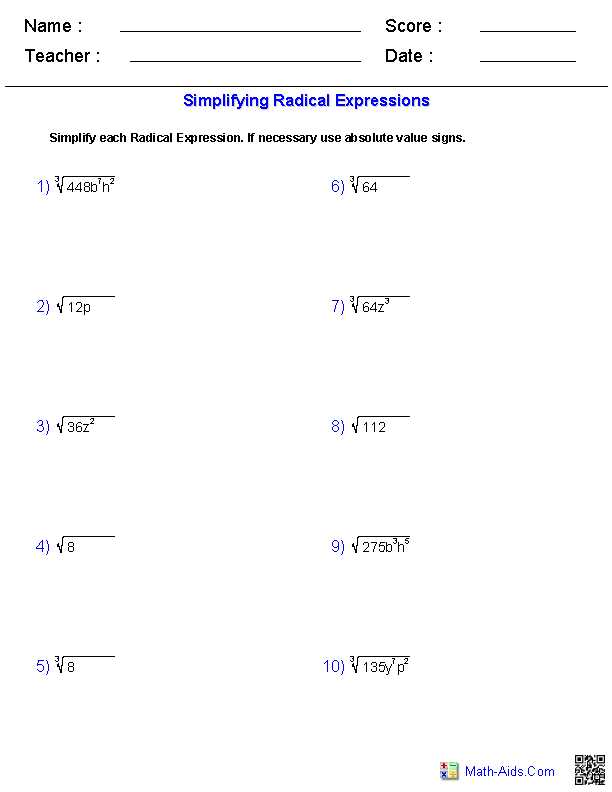simplifying radical expressions worksheet answers key math aids