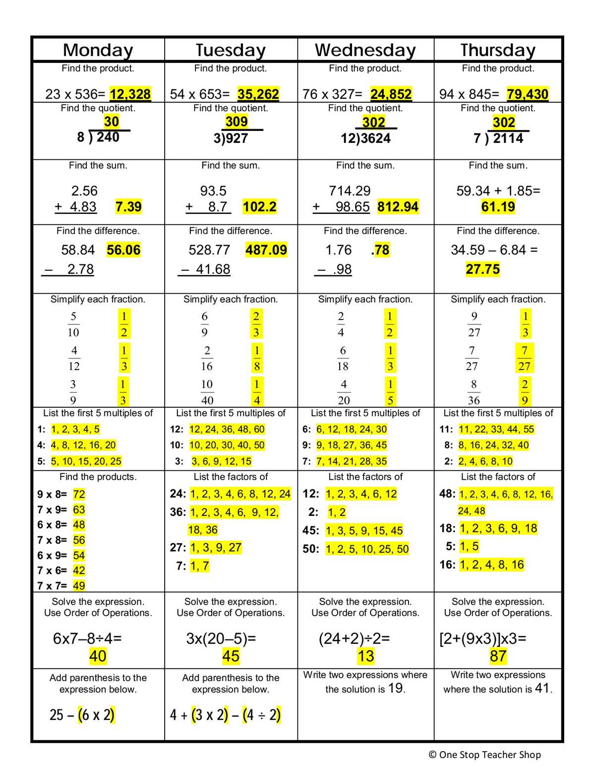 spiral review math 5th grade answer key