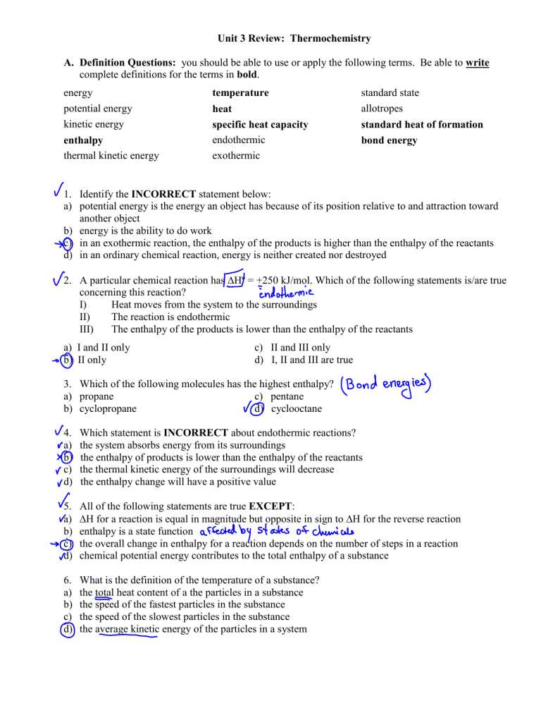 thermochemistry review enthalpy of reactions answer key