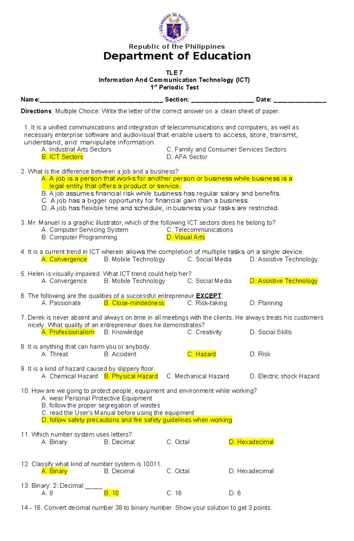 tle reviewer with answer key