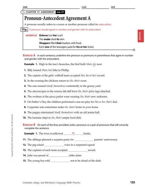 weekly grammar worksheet pronoun antecedent agreement answer key