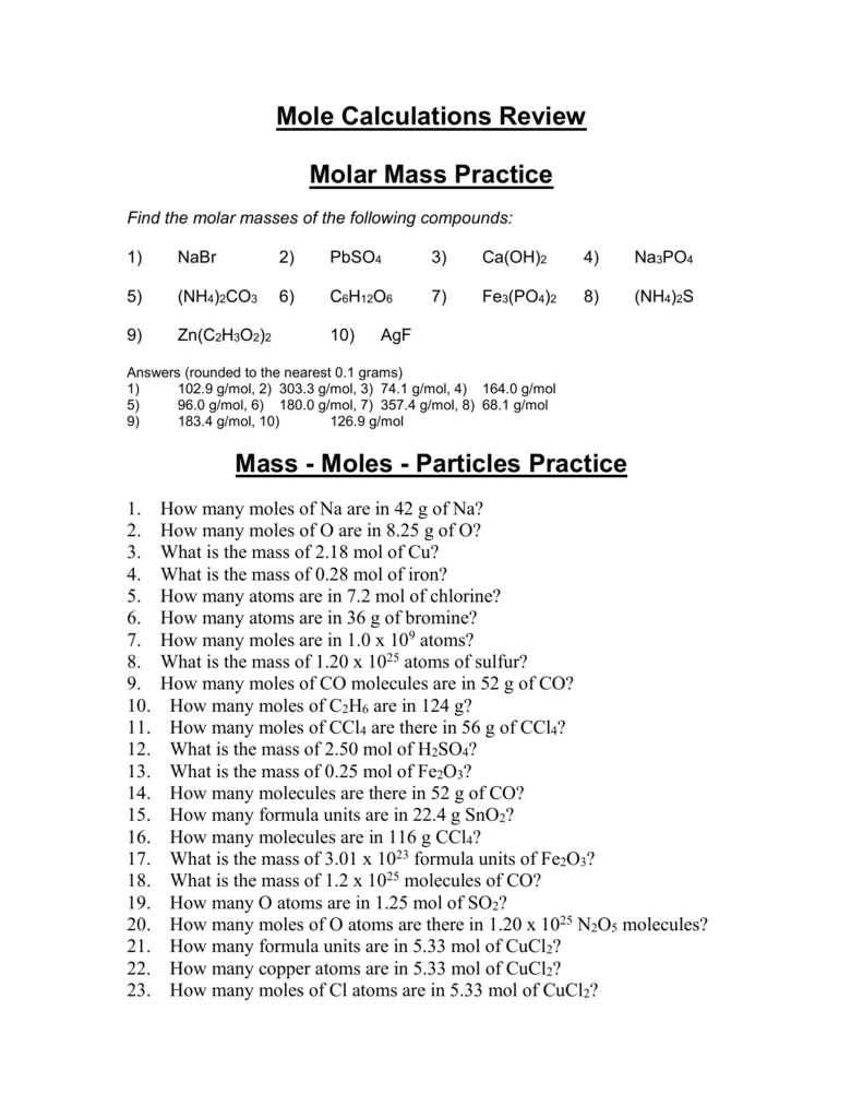 worksheet mole mass problems answer key