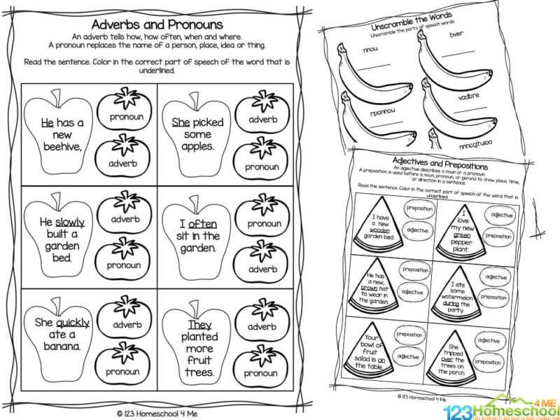 worksheets parts of speech test with answer key