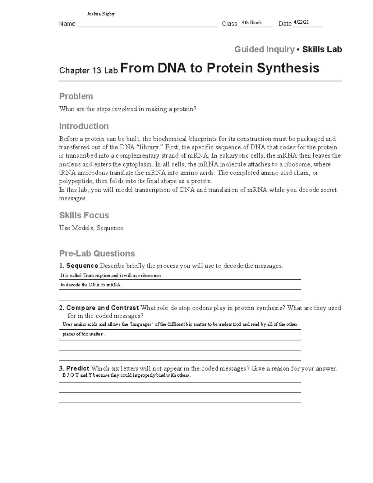 from dna to protein synthesis answer key