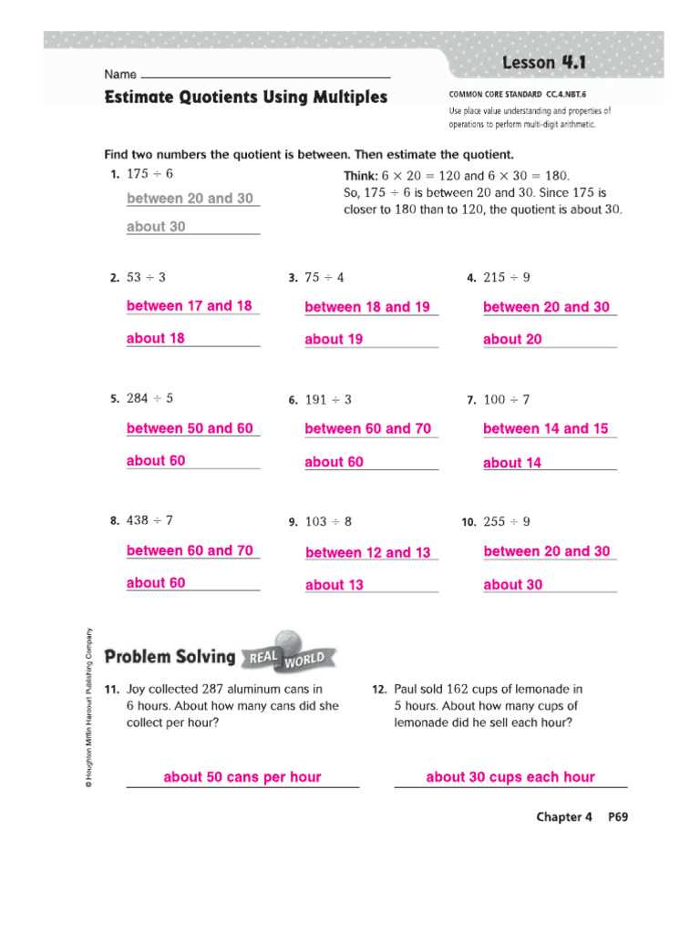 additional practice 5 2 mental math estimate quotients answer key