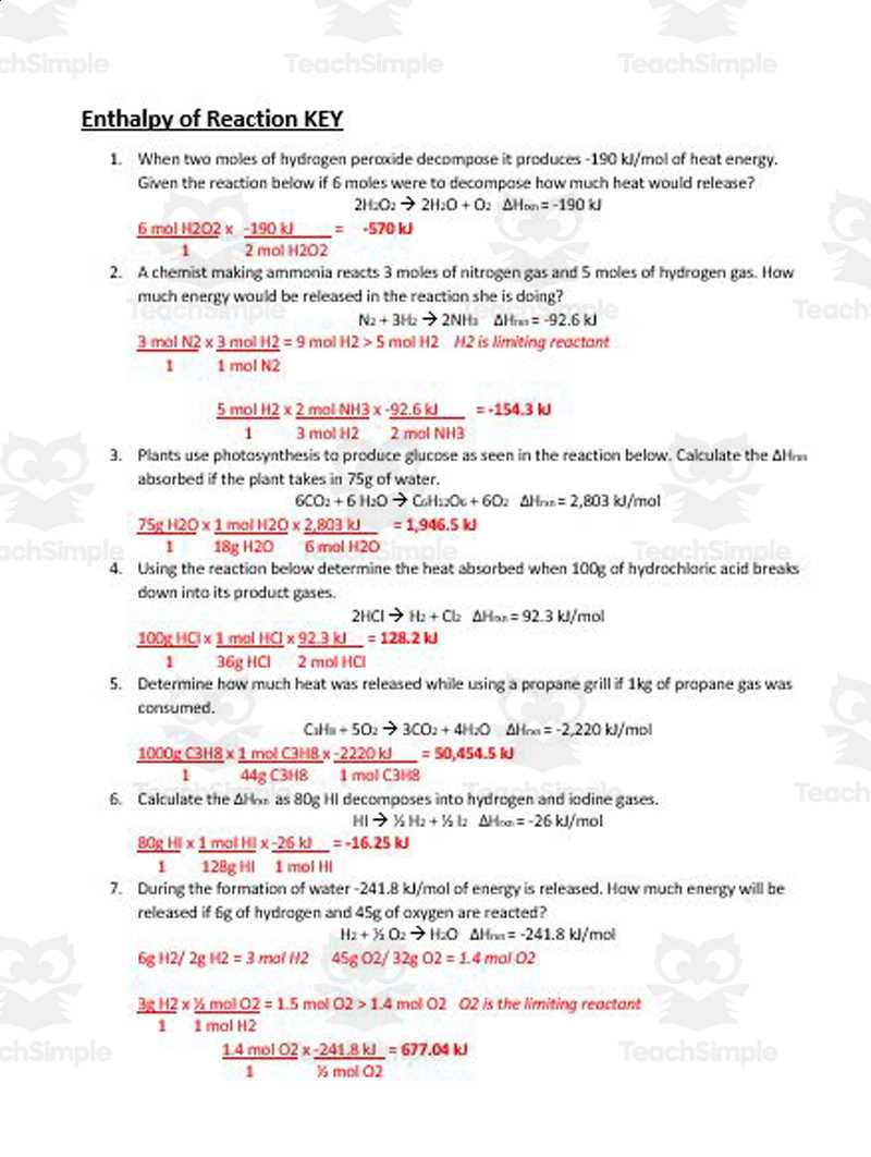 advanced chemistry ii enthalpy practice problems answer key