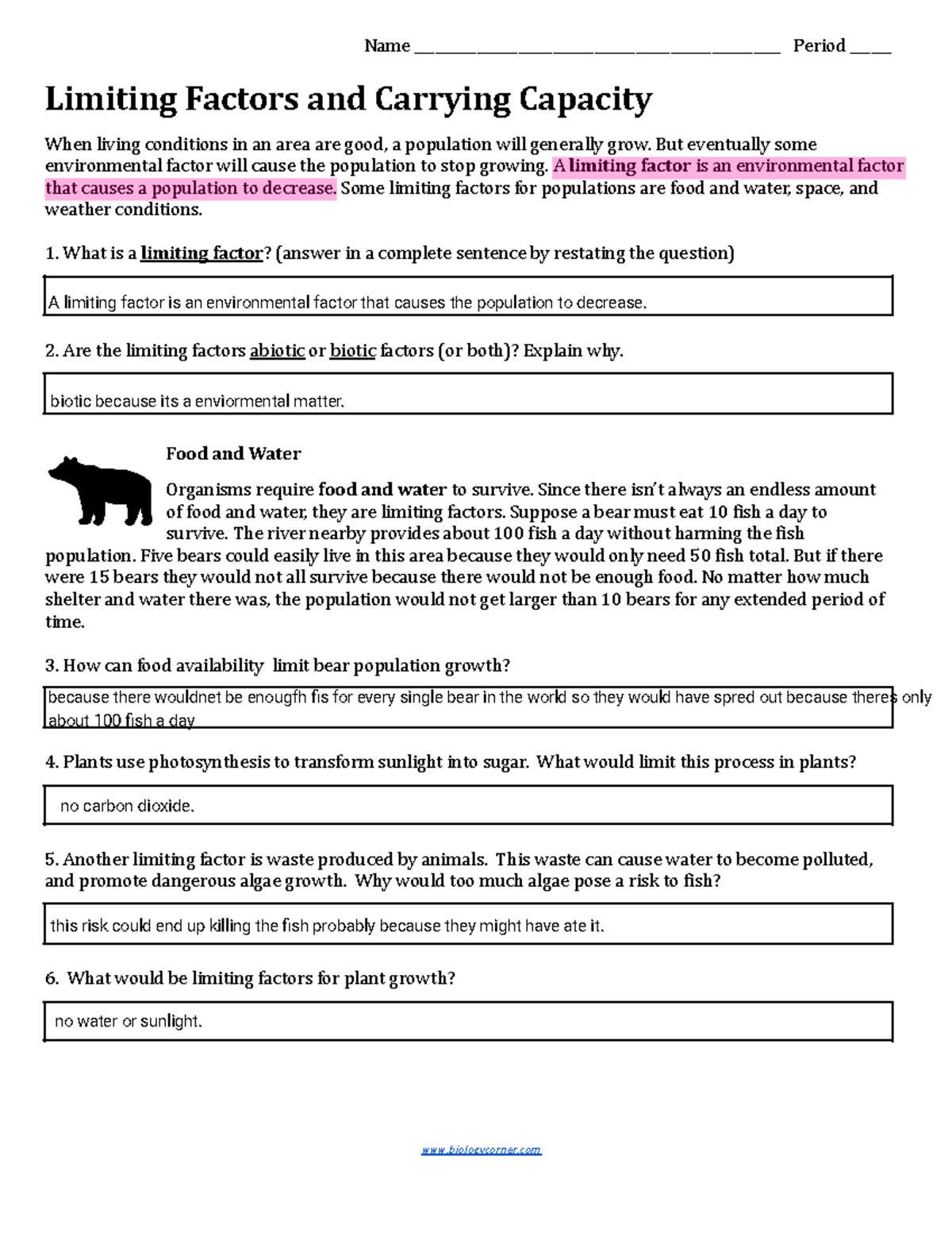 carrying capacity and limiting factors worksheet answer key