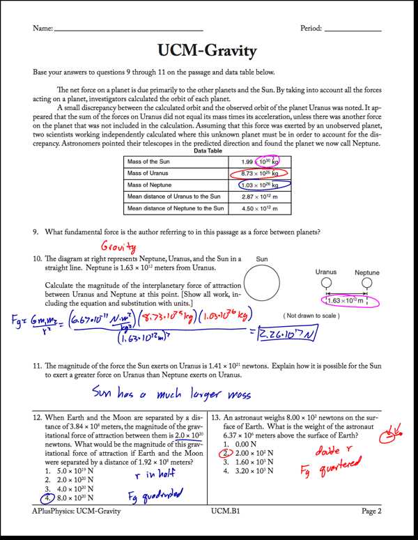 newtons law of universal gravitation answer key