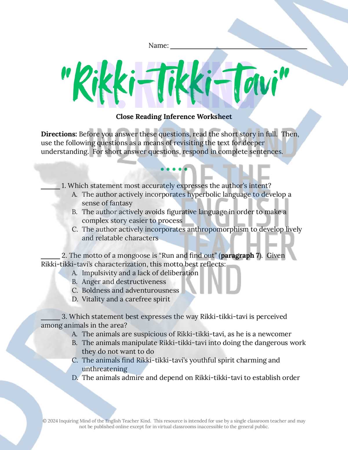 rikki tikki tavi reading guide answer key