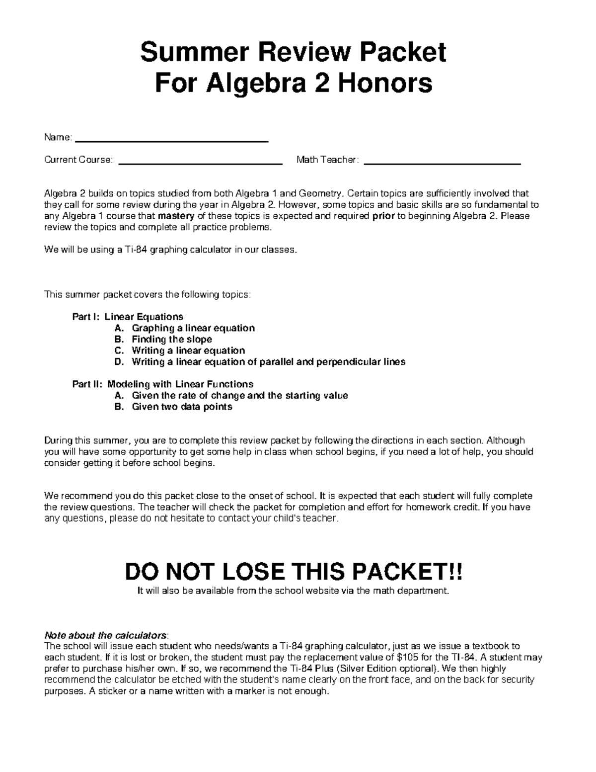 algebra 1 summer packet with answer key algebra 1 summer packet with answer key