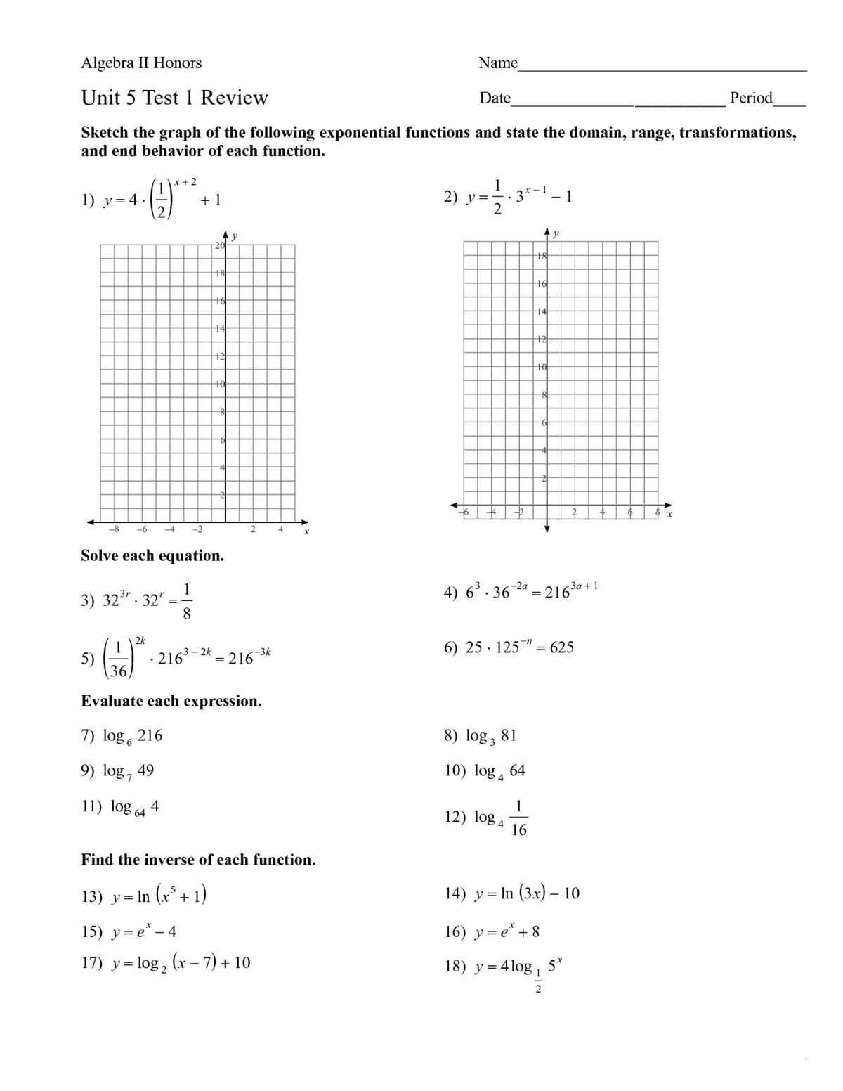 algebra 1 test with answer key