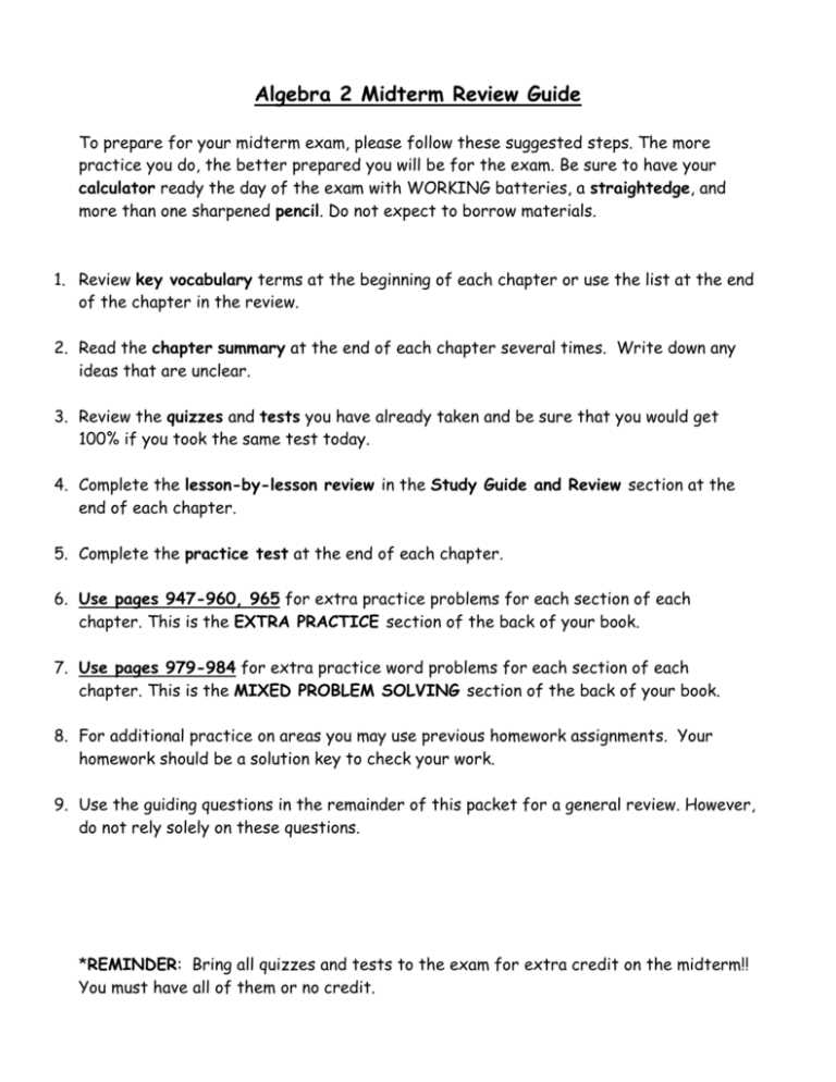 algebra 2 final review answer key