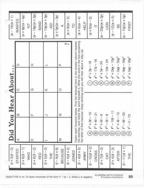 algebra 2 with pizzazz answer key