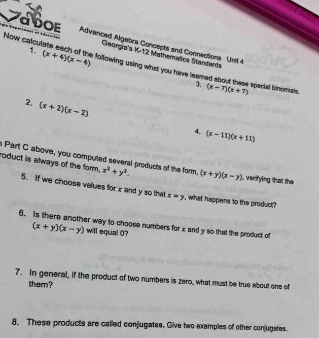 algebra concepts and connections unit 7 answer key