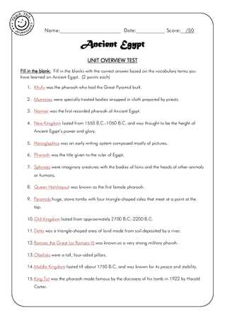 ancient egypt test answer key