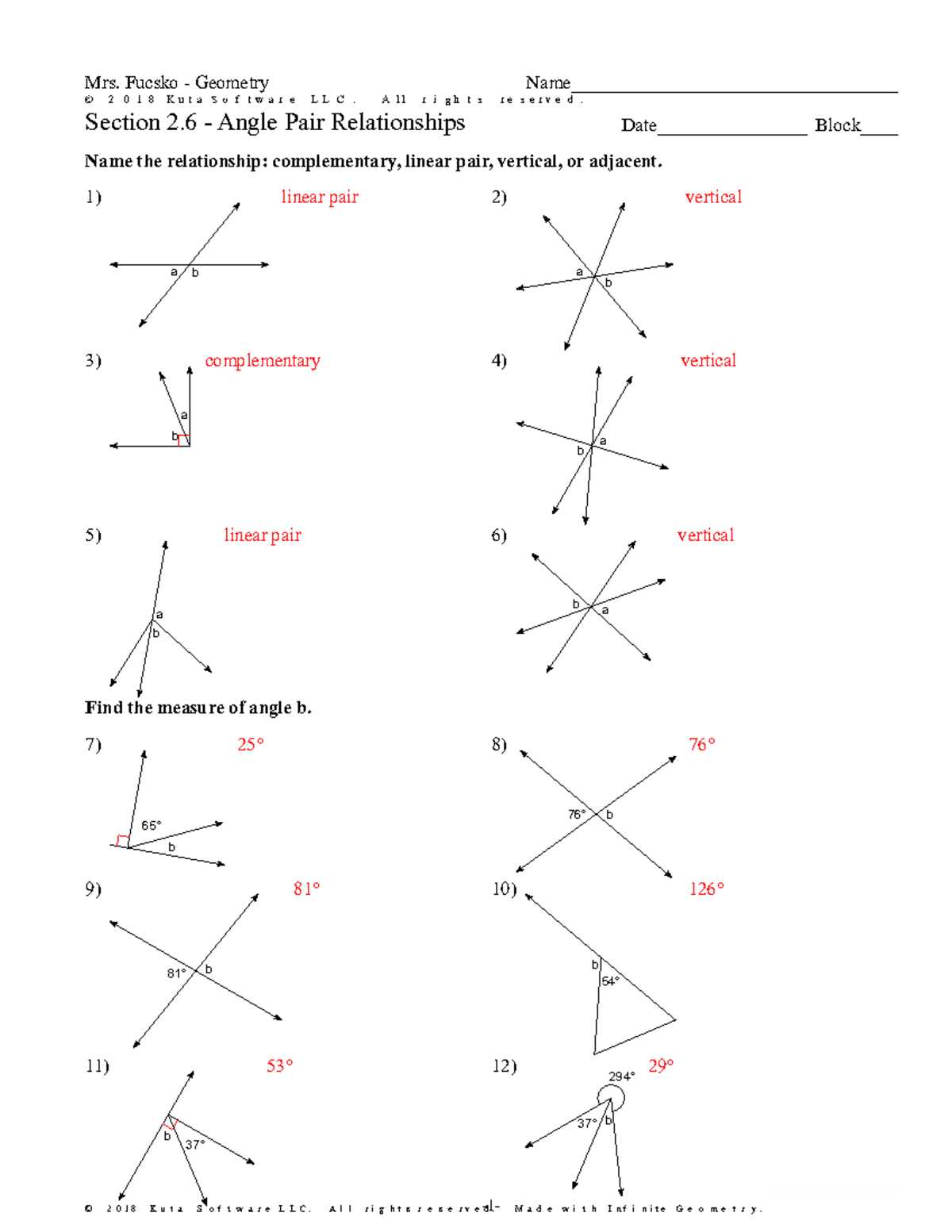 angle relationships test review answer key