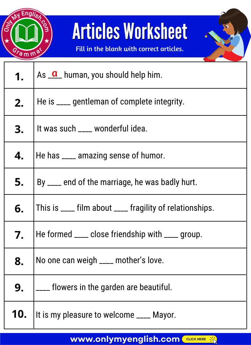 answer key articles worksheet with answers