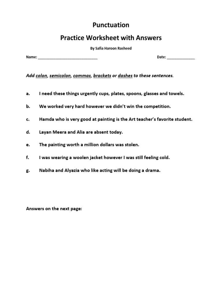 answer key commas semicolons and colons worksheet with answers