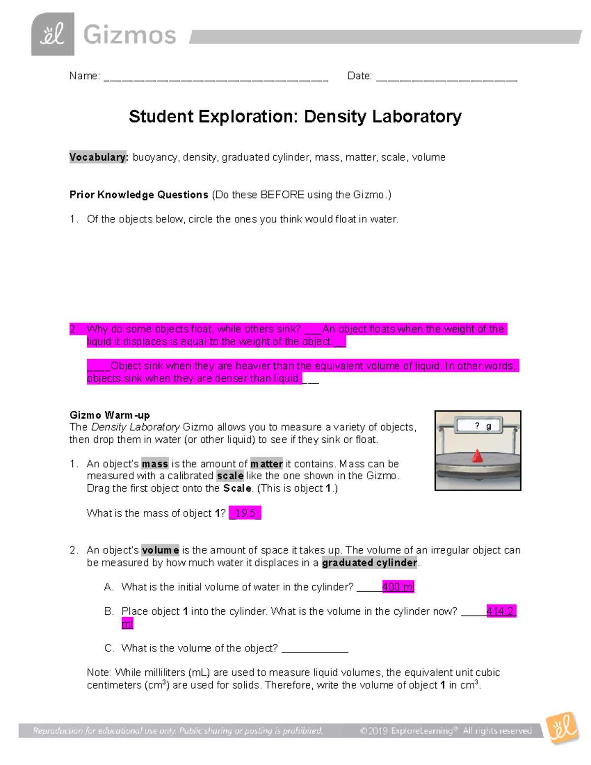 answer key density lab answers