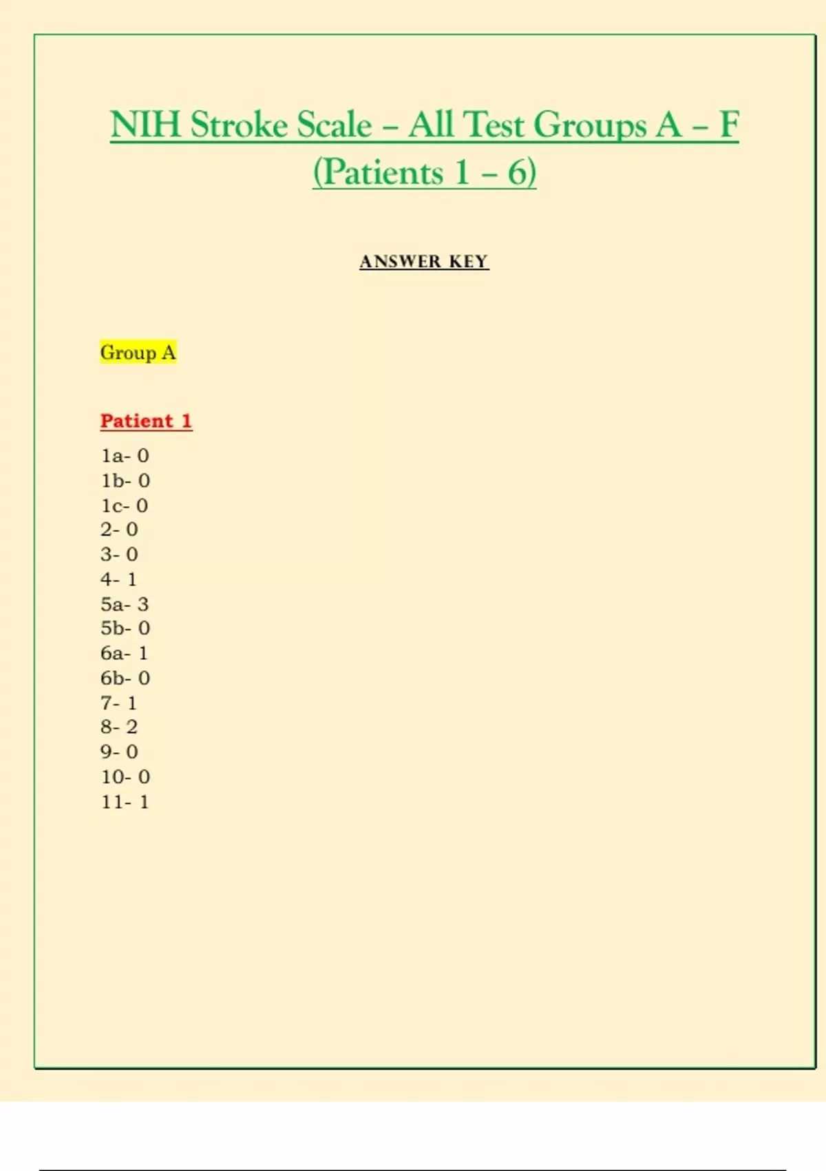 answer key nihss certification test answers group a