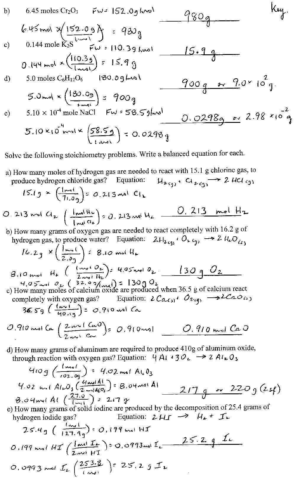 answer key stoichiometry worksheet answers