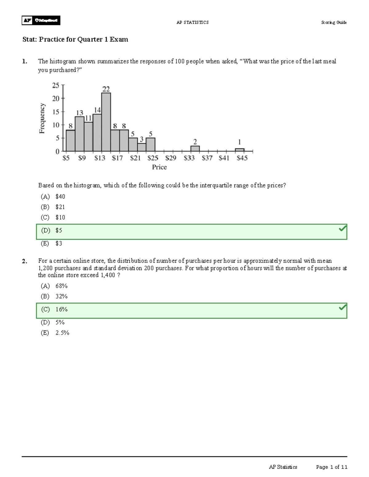 ap statistics chapter 5 test a answer key
