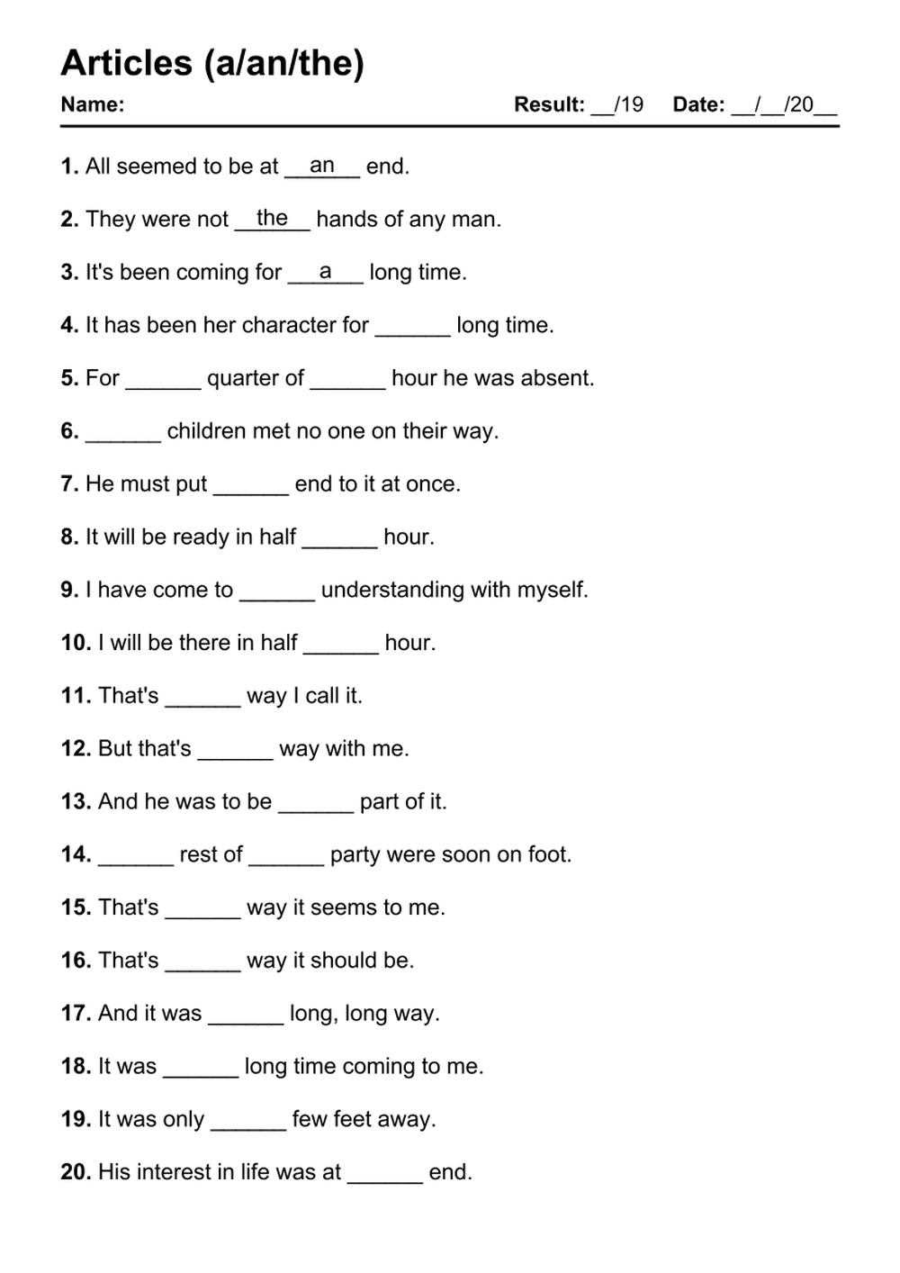 answer key articles worksheet with answers