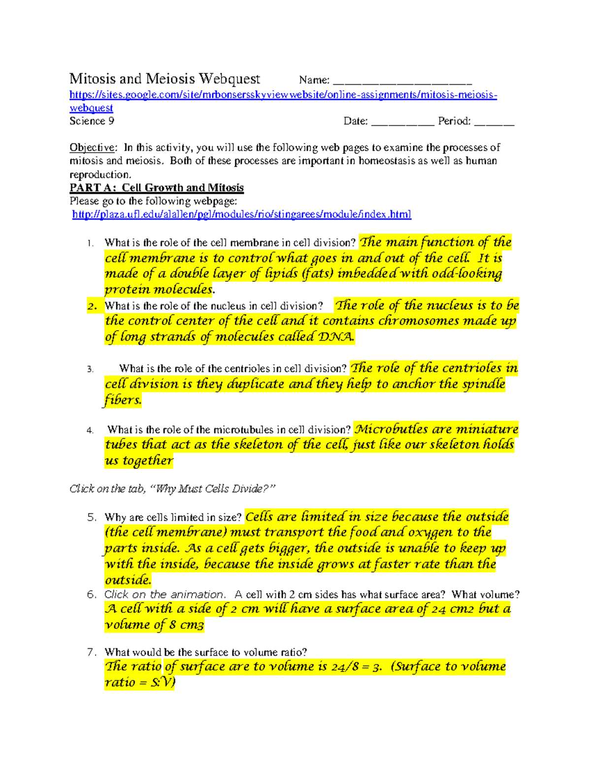 mitosis meiosis internet lesson answer key