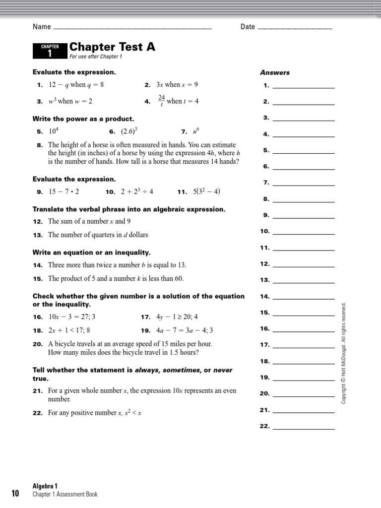 algebra 1 test with answer key