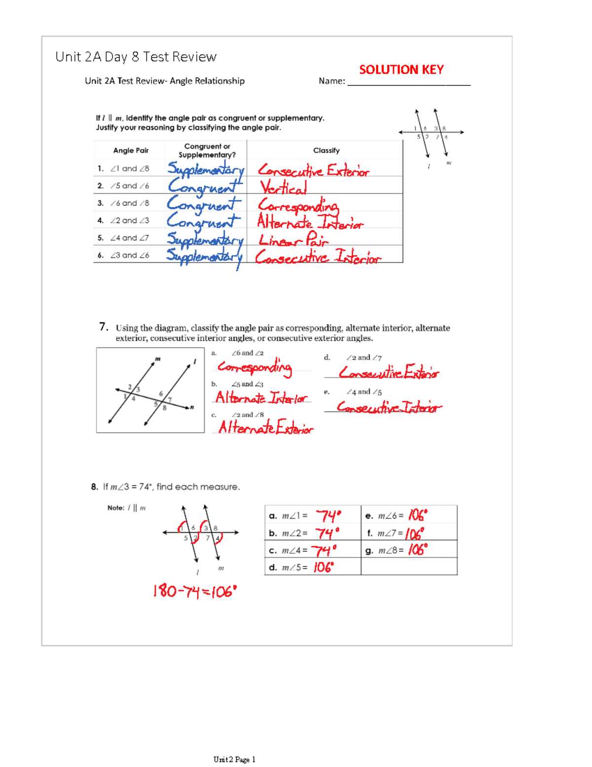 angle relationships test review answer key