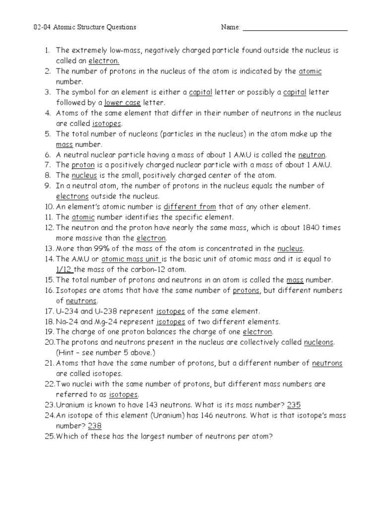 atomic structure practice 1 answer key