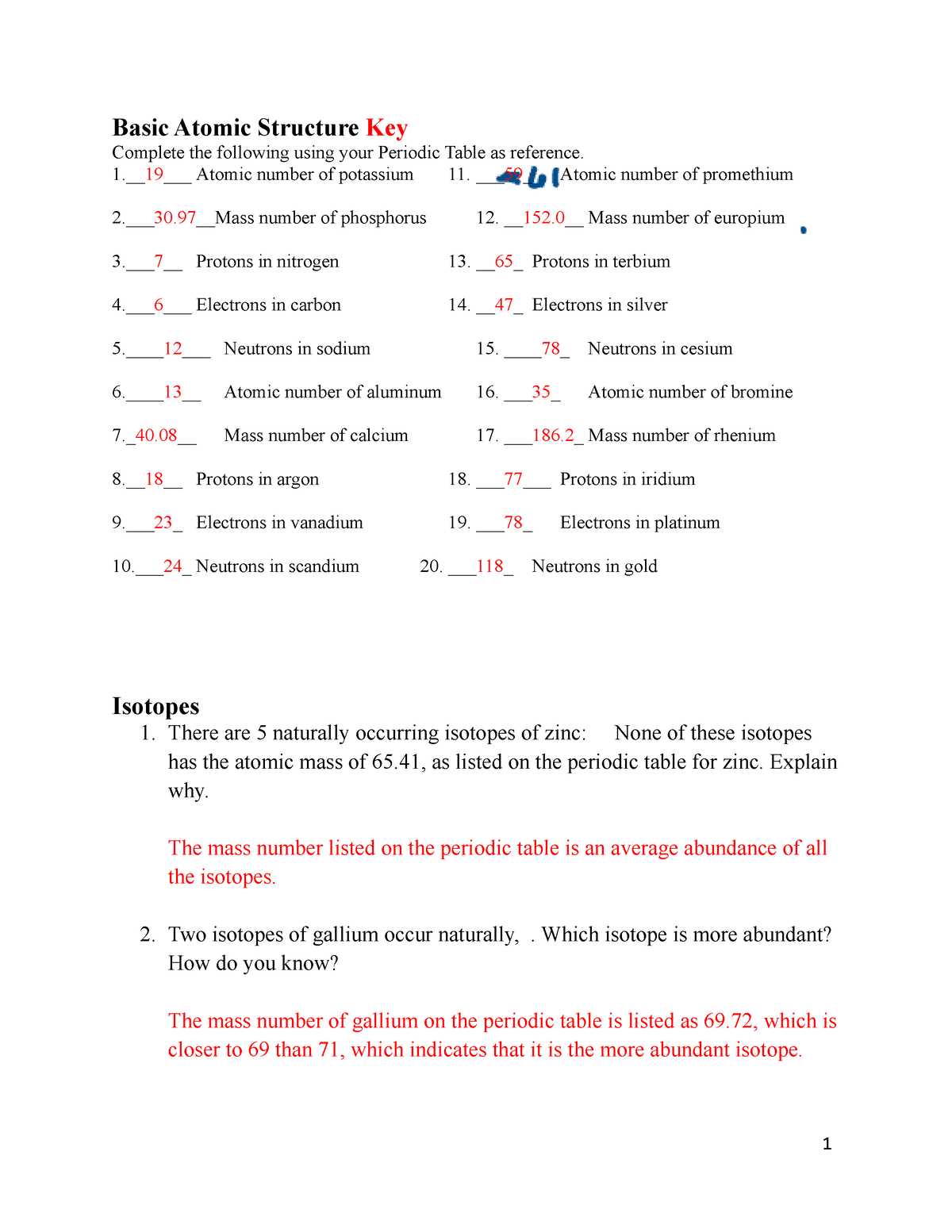 atomic structure test answer key