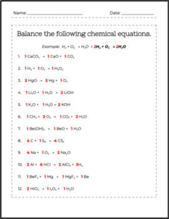 balance the following chemical equation answer key