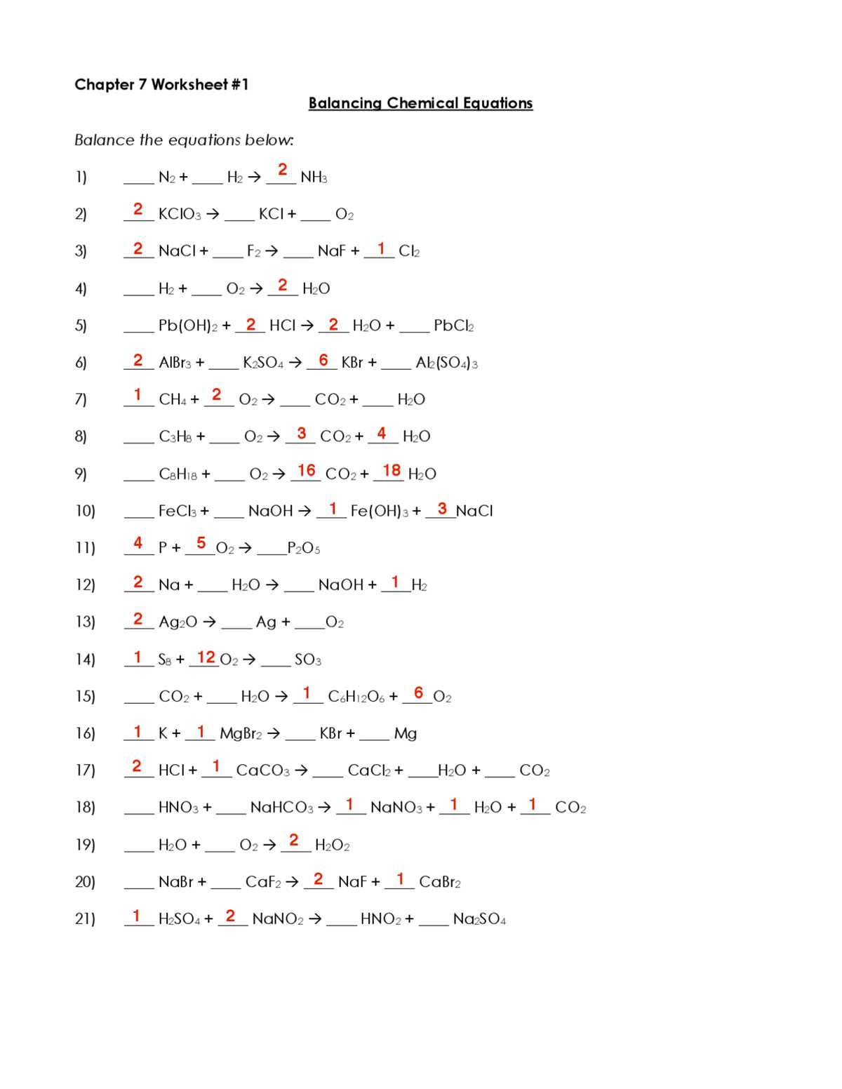 balance the following chemical equations answer key