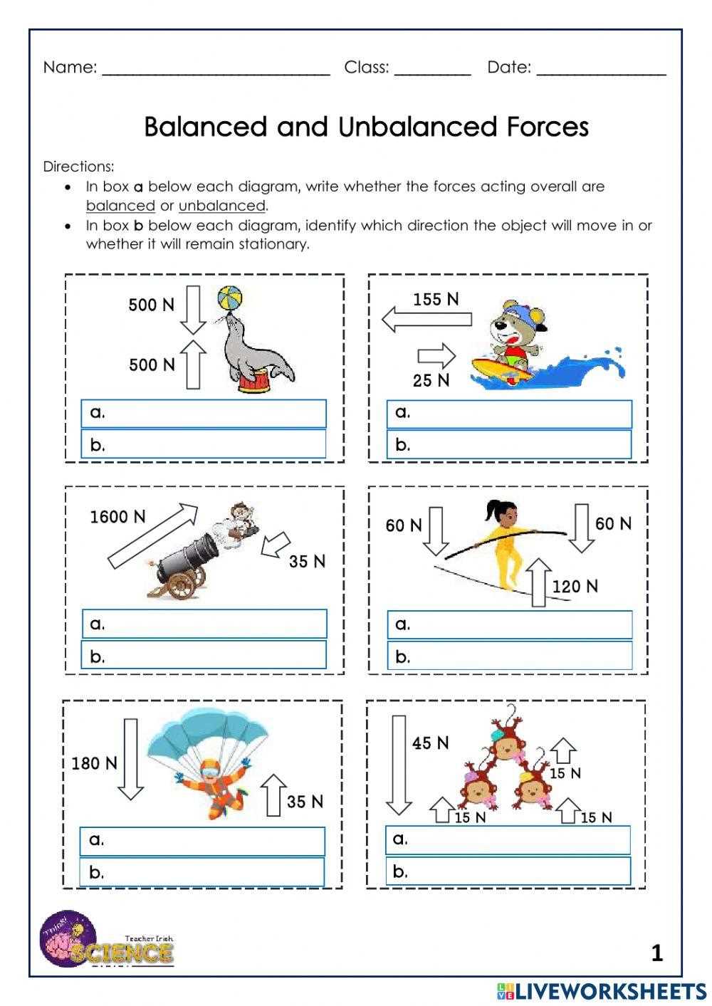 balanced vs unbalanced forces worksheet with answer key