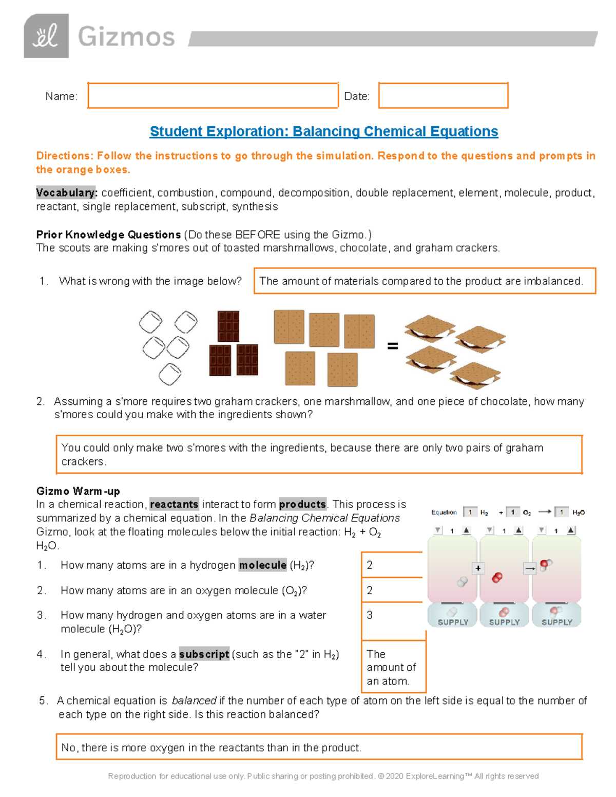 balancing chemical equations gizmo answer key activity b