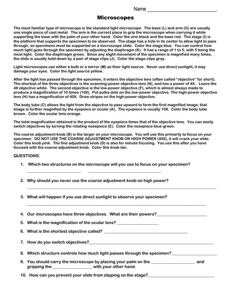 biology corner microscope answer key