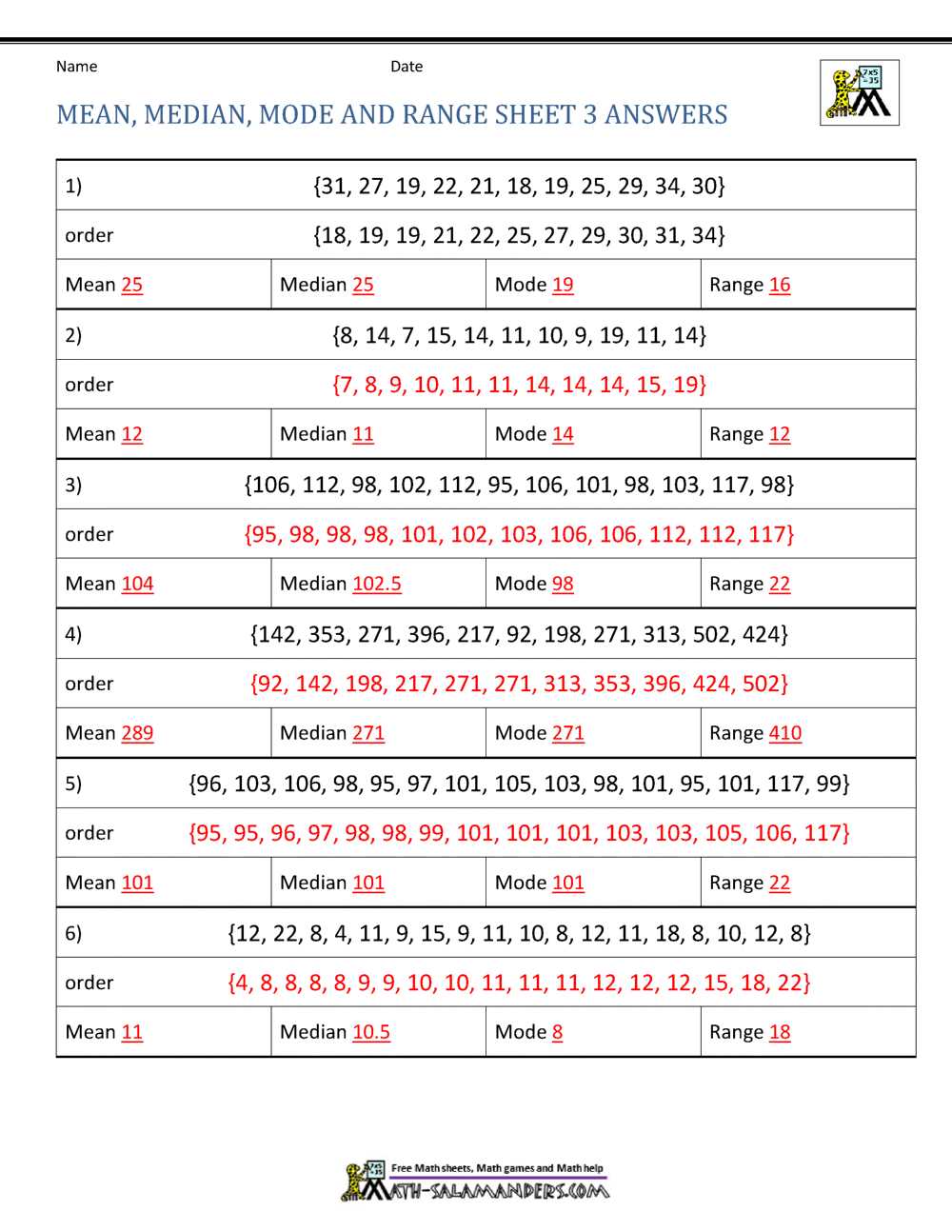 mean median mode range answer key