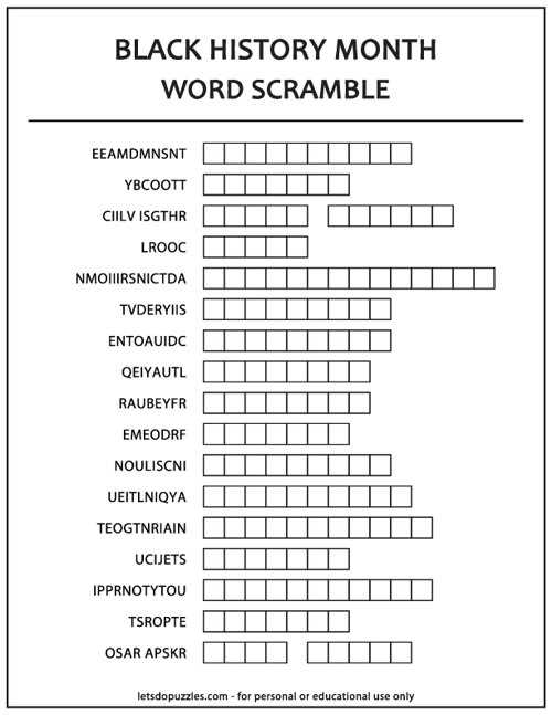 black history word scramble answer key