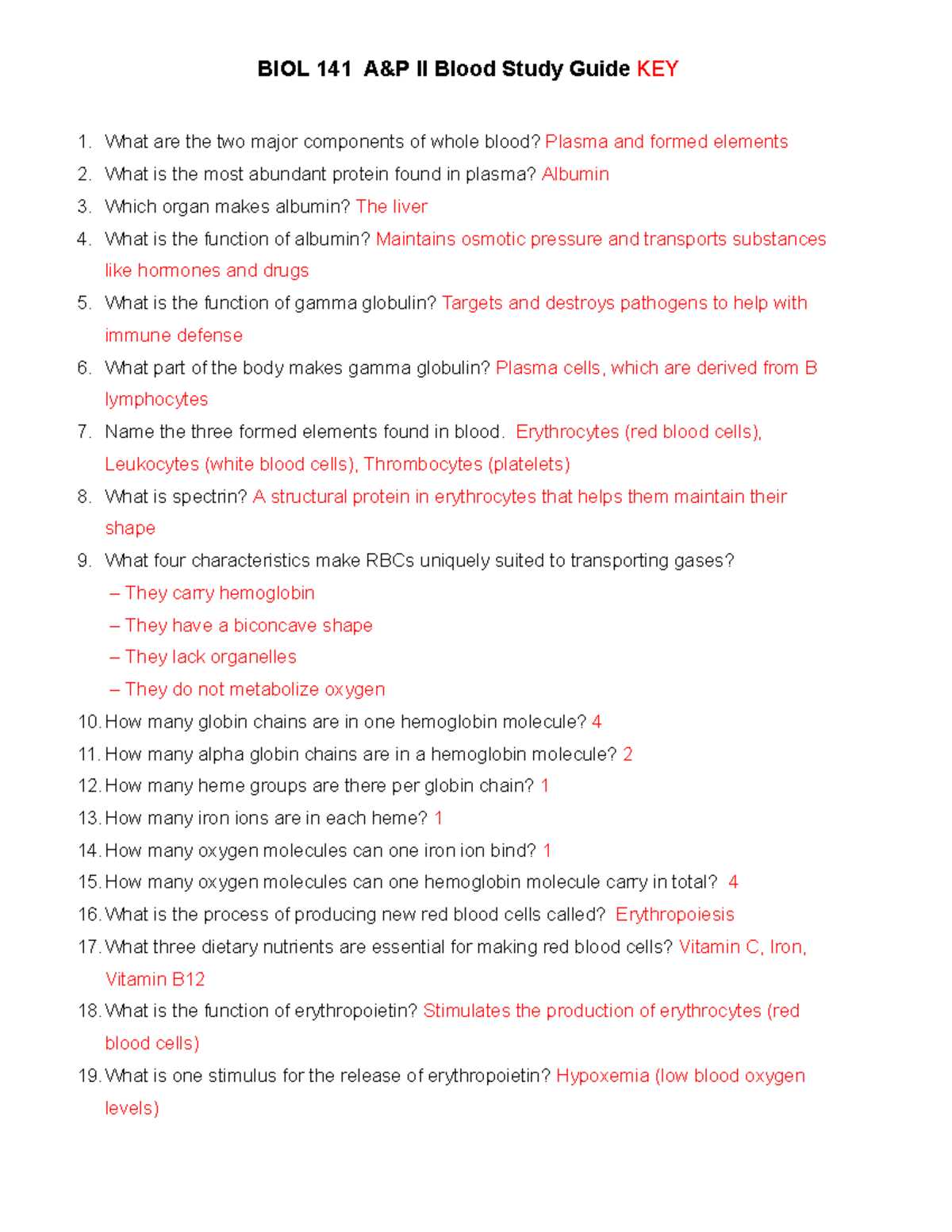 blood study guide answer key