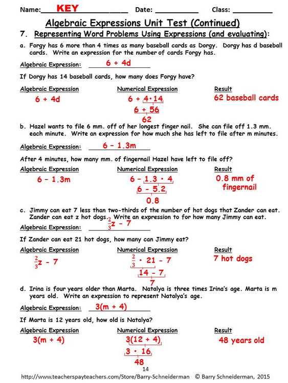 expressions and equations unit study guide answer key