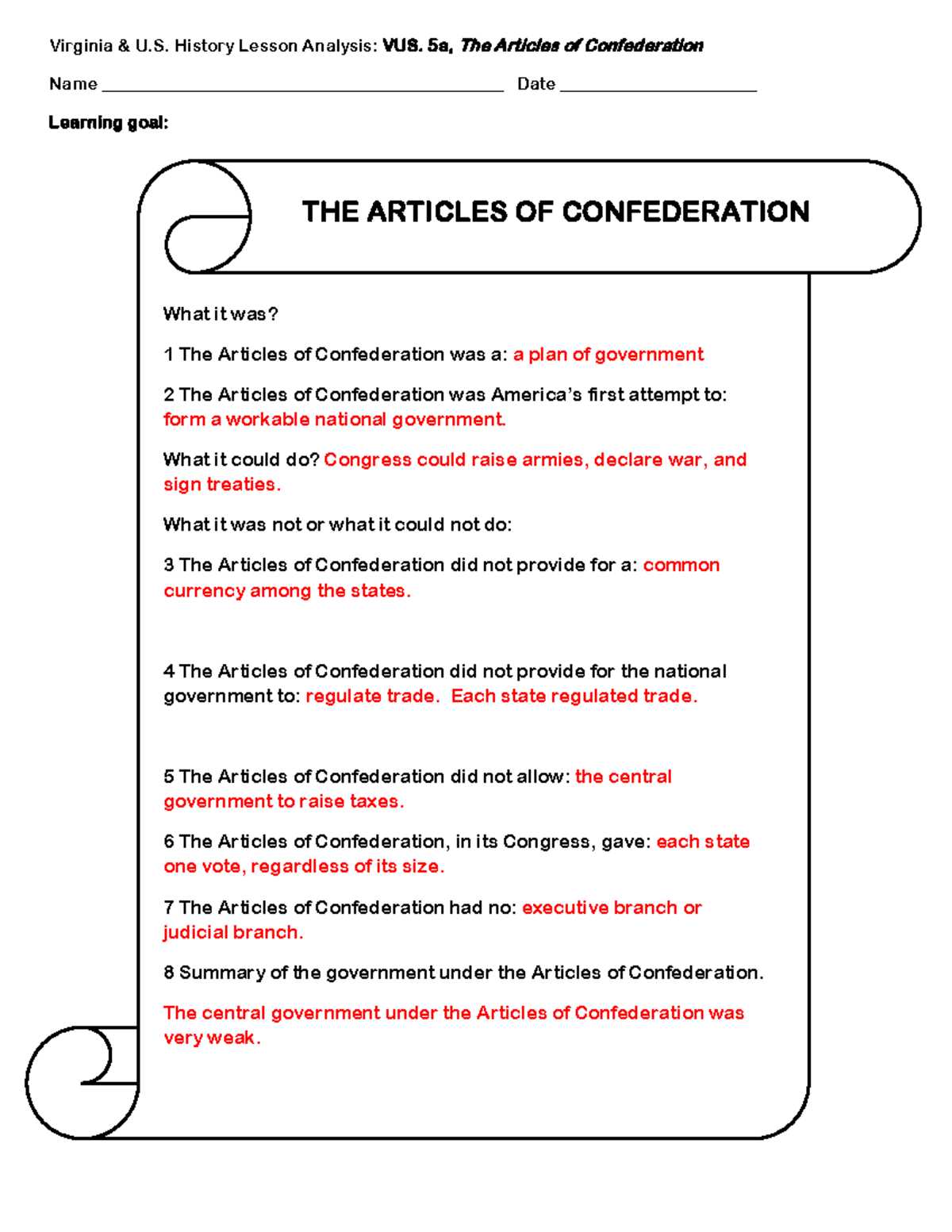 articles of confederation answer key