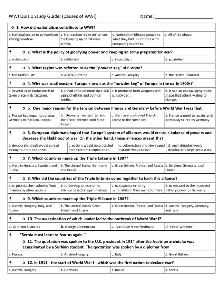 causes of world war 1 m.a.i.n causes answer key