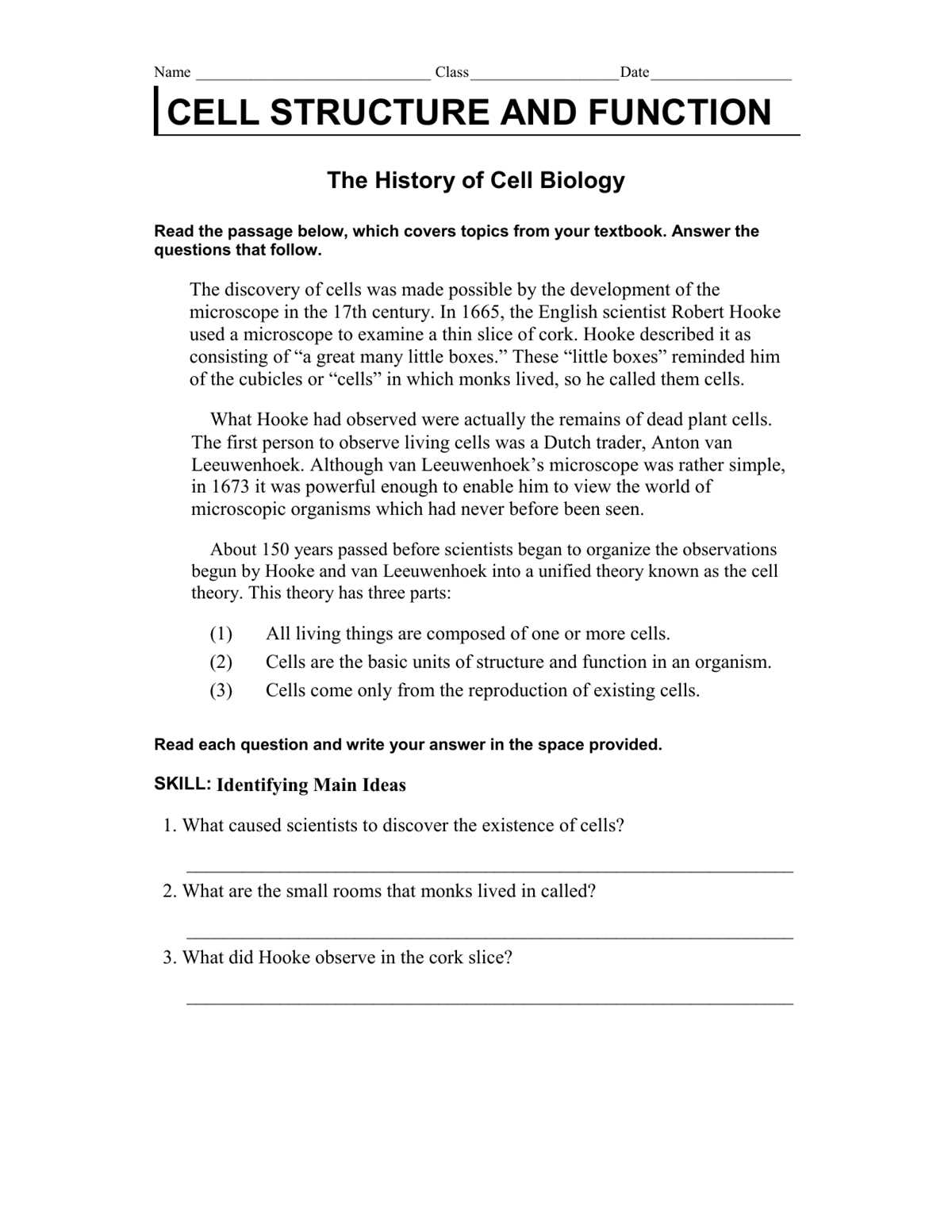 cell theory worksheet answer key