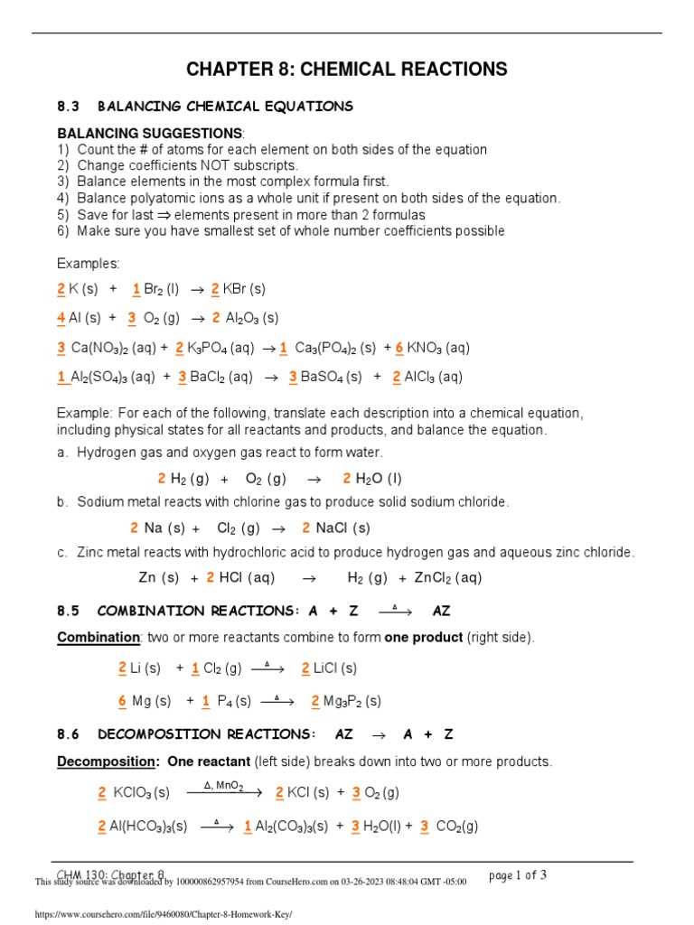 chapter test a chemical equations and reactions answer key