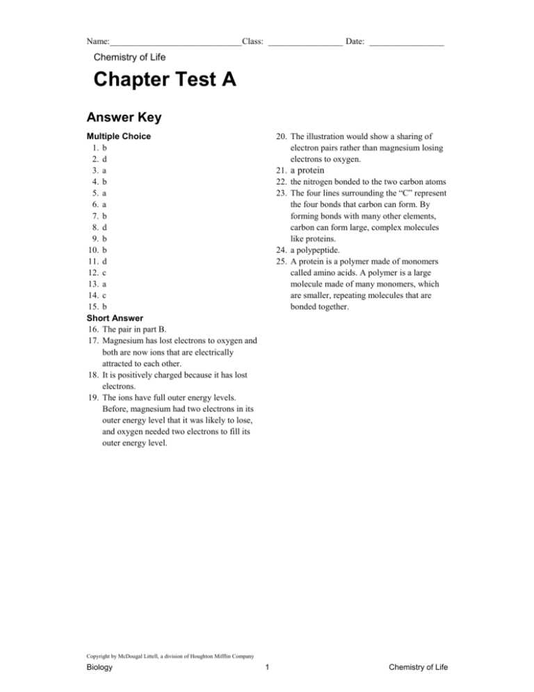 chemical bonding test answer key