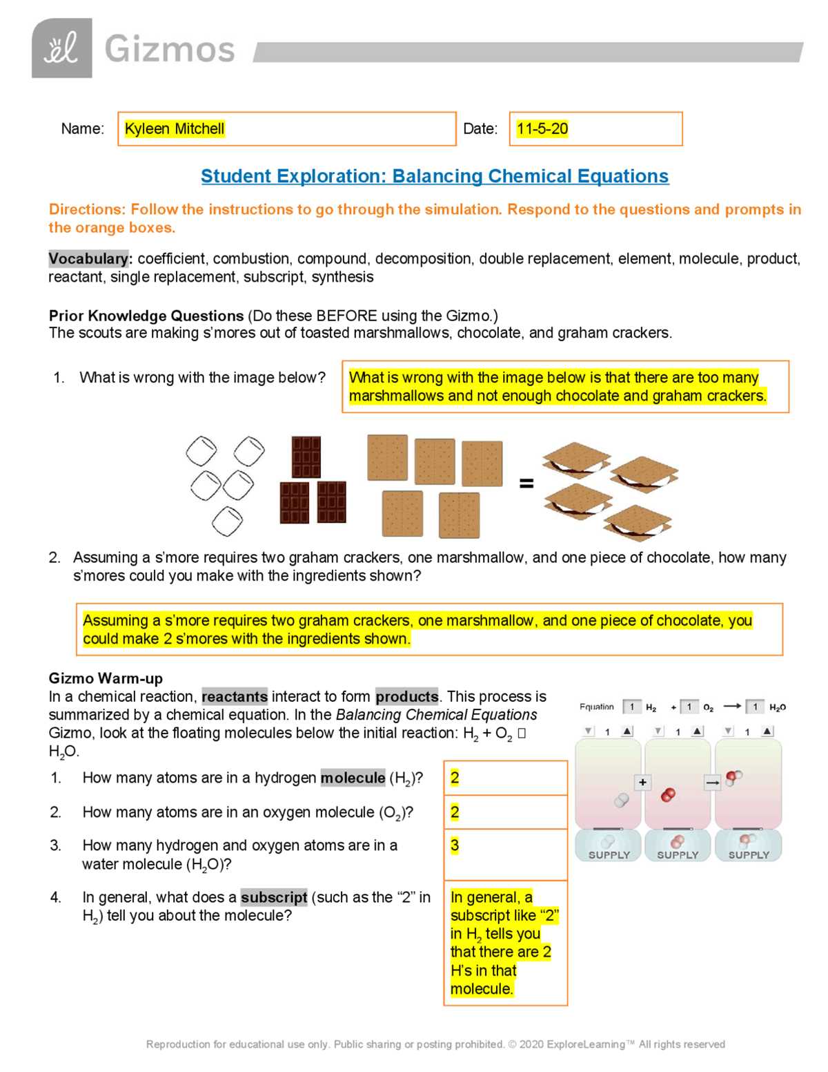 chemical changes gizmos answer key